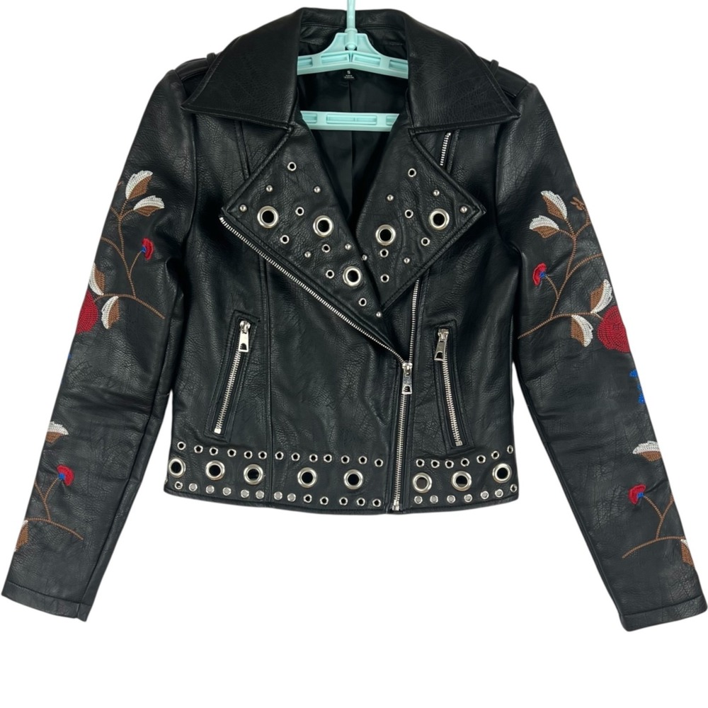 Romeo Juliet Couture Women Black Faux Leather Embroidered Moto Jacket Small NWOT